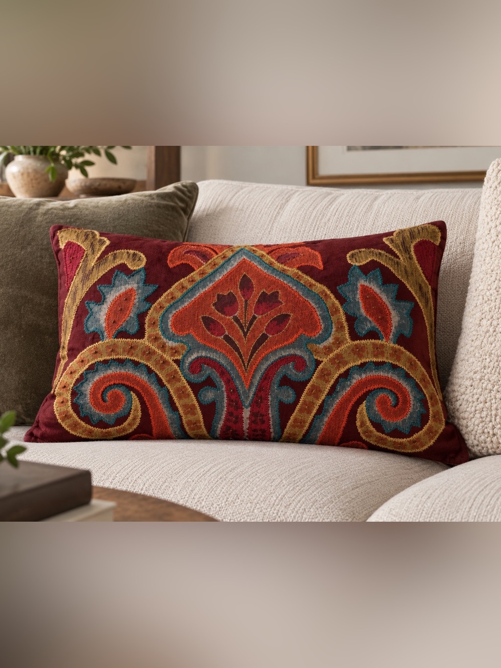 Burgundy Potterybarn Cotton linen blend Sullivan Ikat Lumbar Pillow Cover